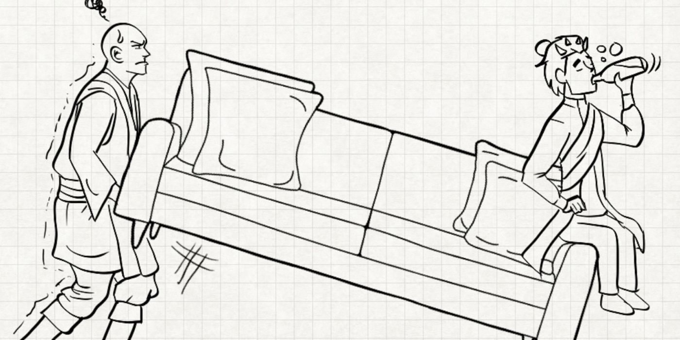 An illustration of a Jedi carrying the back of a couch while a Senate member sits drinking on the front
