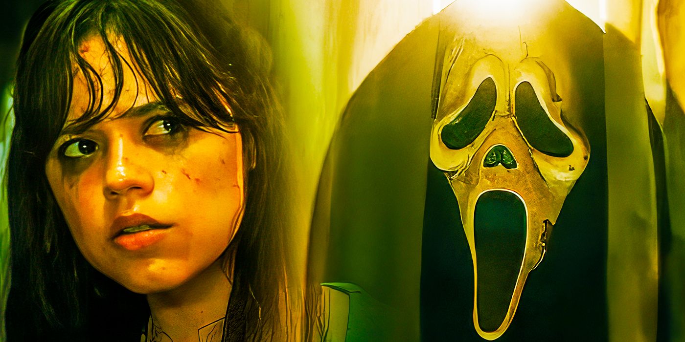 Jenna Ortega as Tara in Scream 6 with Ghostface hiding behind curtains