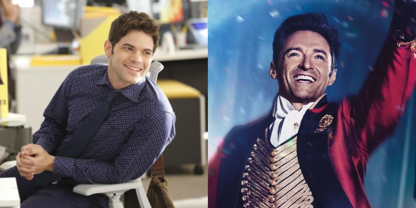 A side by side image features Jeremy Jordan a Winn at his desk in Supergirl and Hugh Jackman performing as Barnum in The Greatest Showman