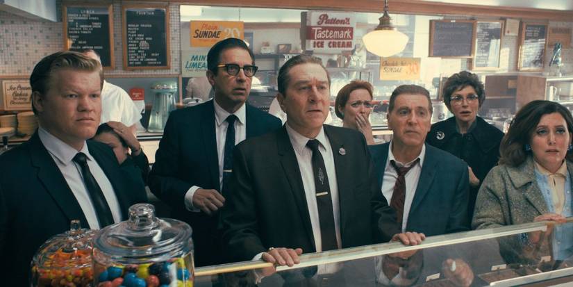 Jesse Plemons as Chuckie with the rest of the cast from the Irishman including Ray Romono, Al Pacino, Robert De Niro