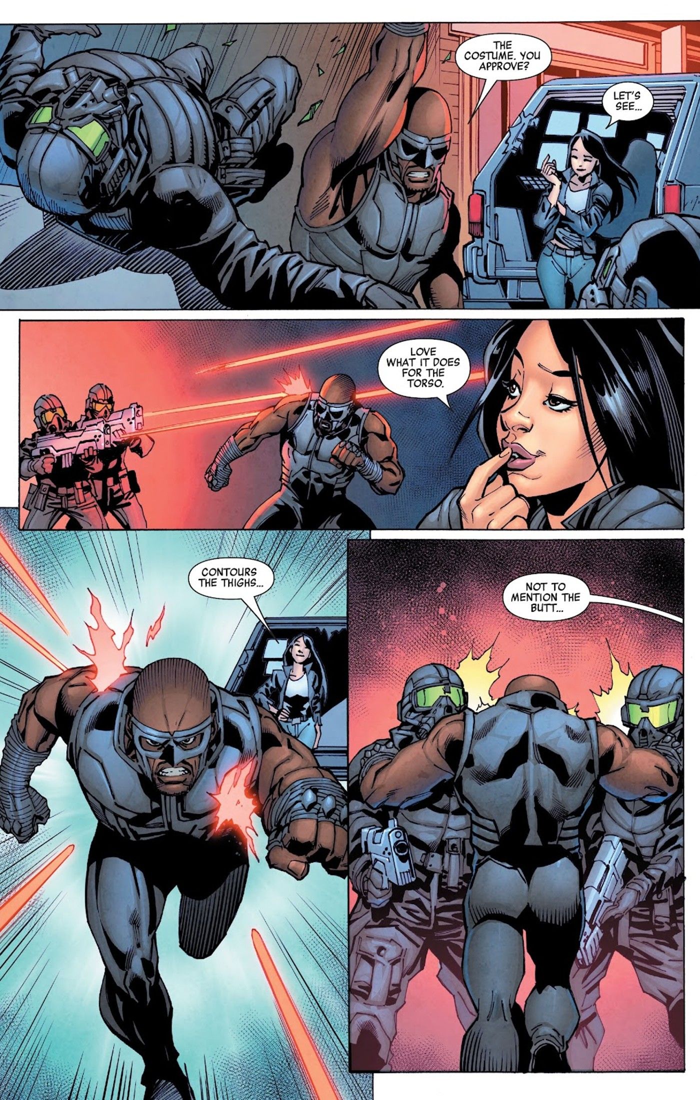 panels from Luke Cage: Gang War #2, Jessica Jones admires her husband Luke Cage's body