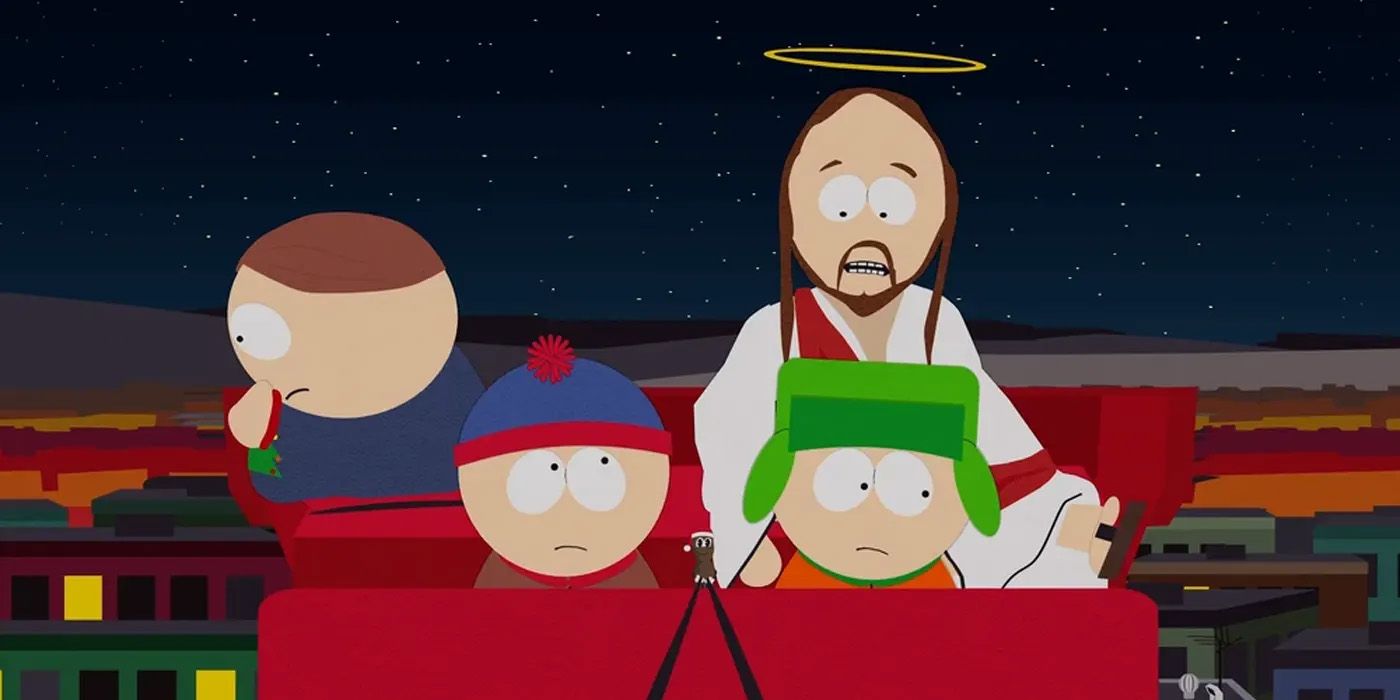 Jesus and the South Park children in Santa's sleigh