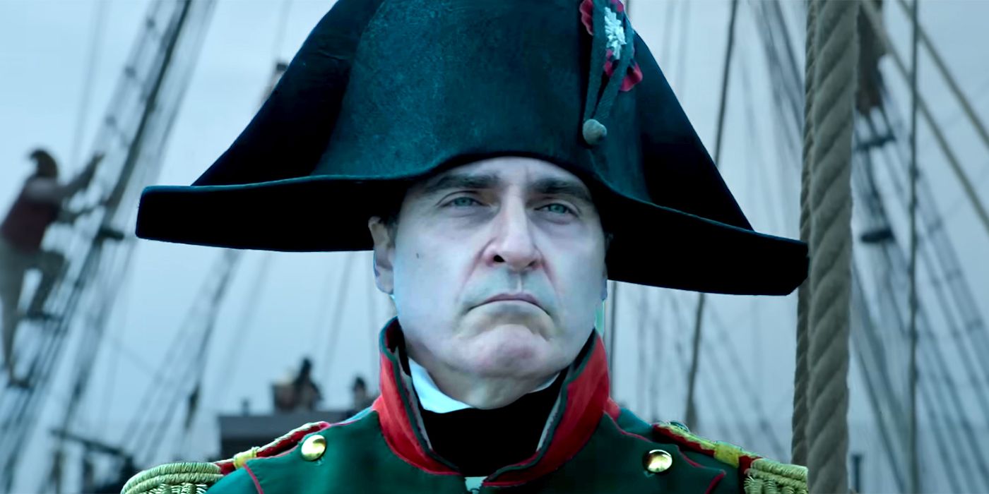 Joaquin Phoenix as Napoleon looking out on the sea in Napoleon