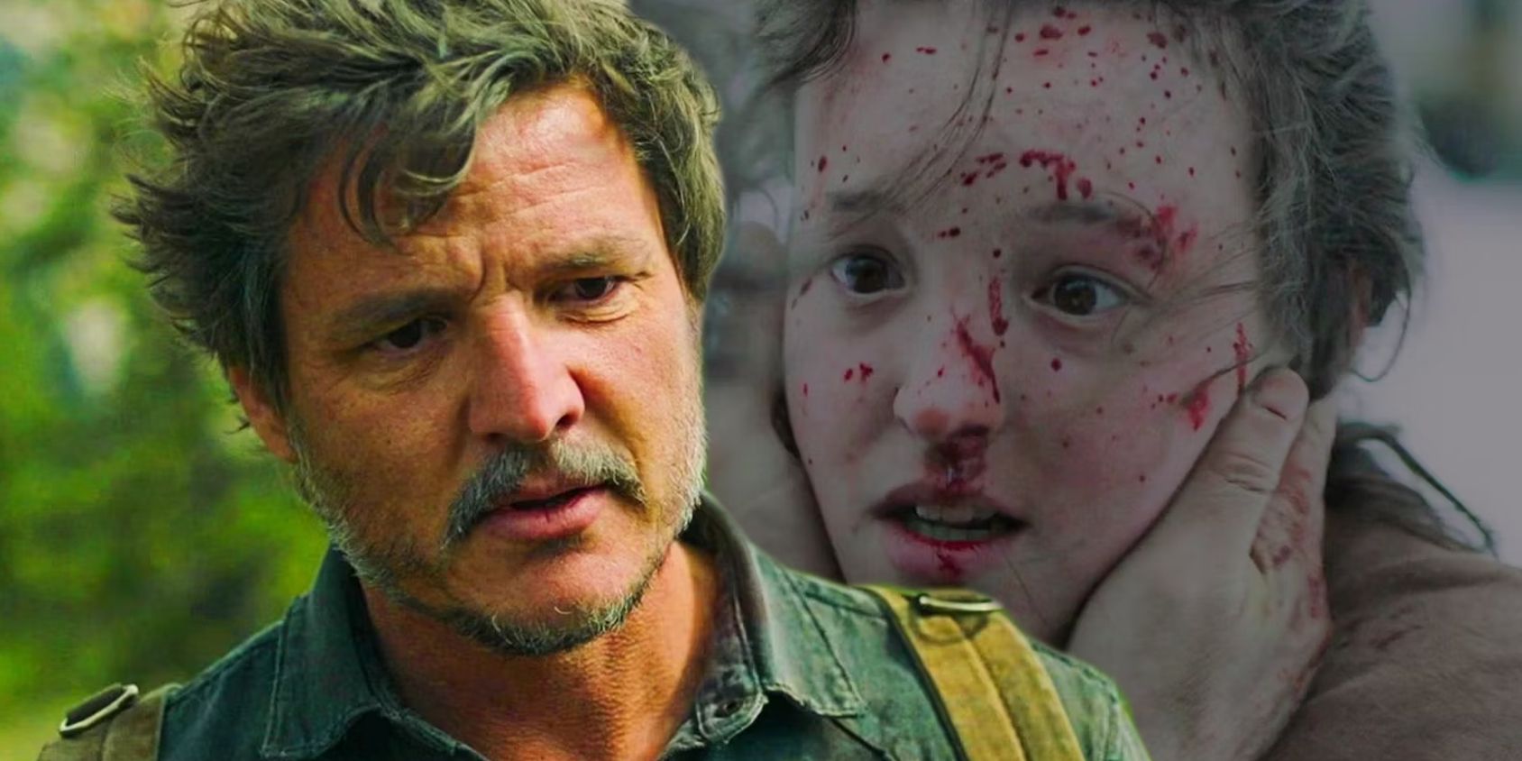 Pedro Pascal as Joel speaking and Bella Ramsay as Ellie covered in blood in The Last of Us season 1.