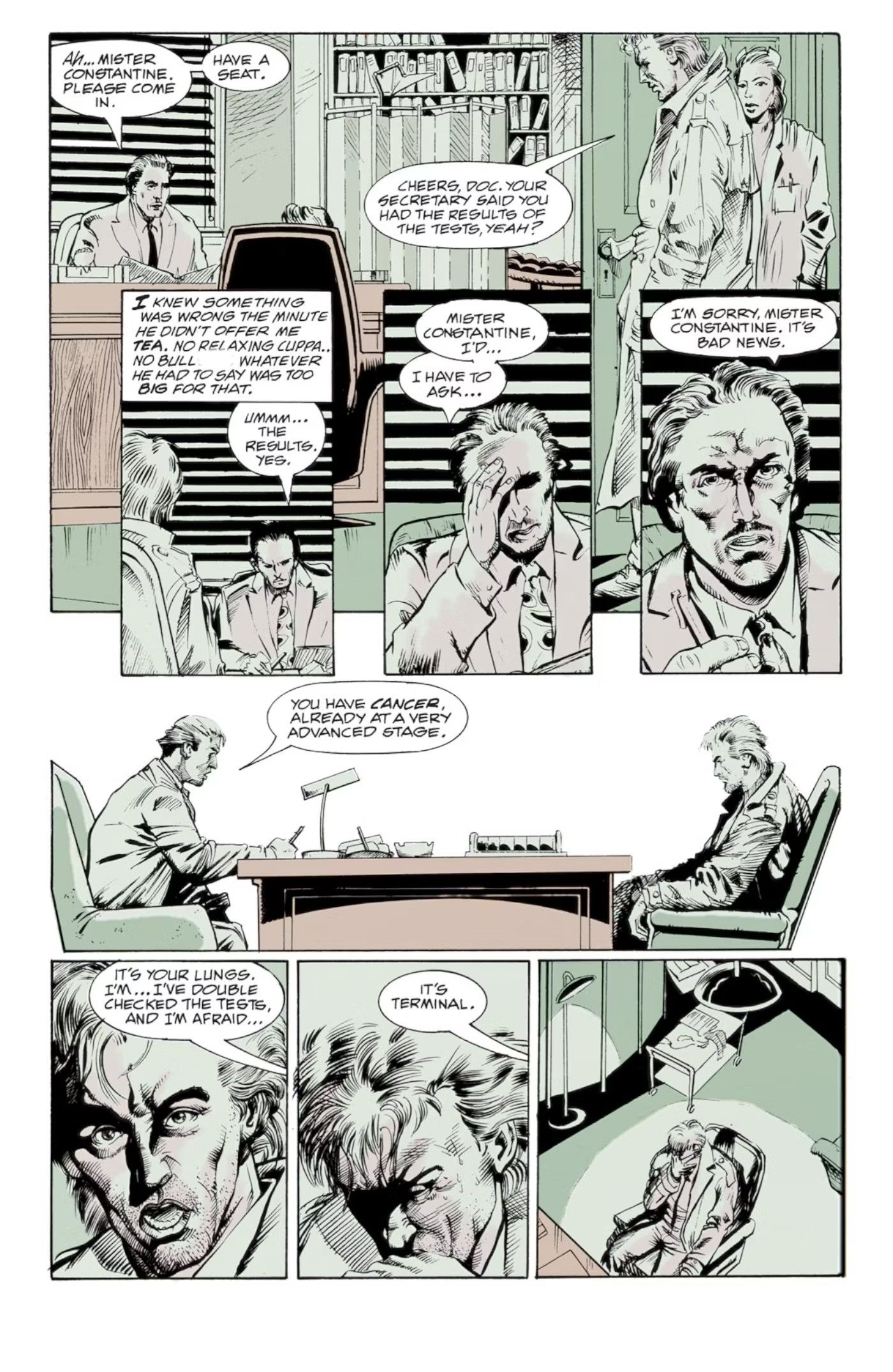Hellblazer #41, John is diagnosed with cancer at the hospital by a doctor.