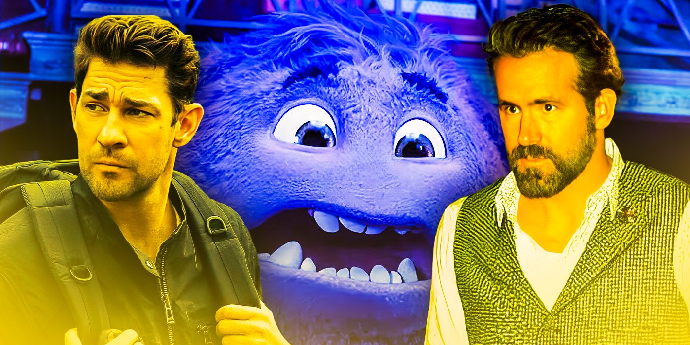 John Krasinski next to Blue the monster from IF and Ryan Reynolds