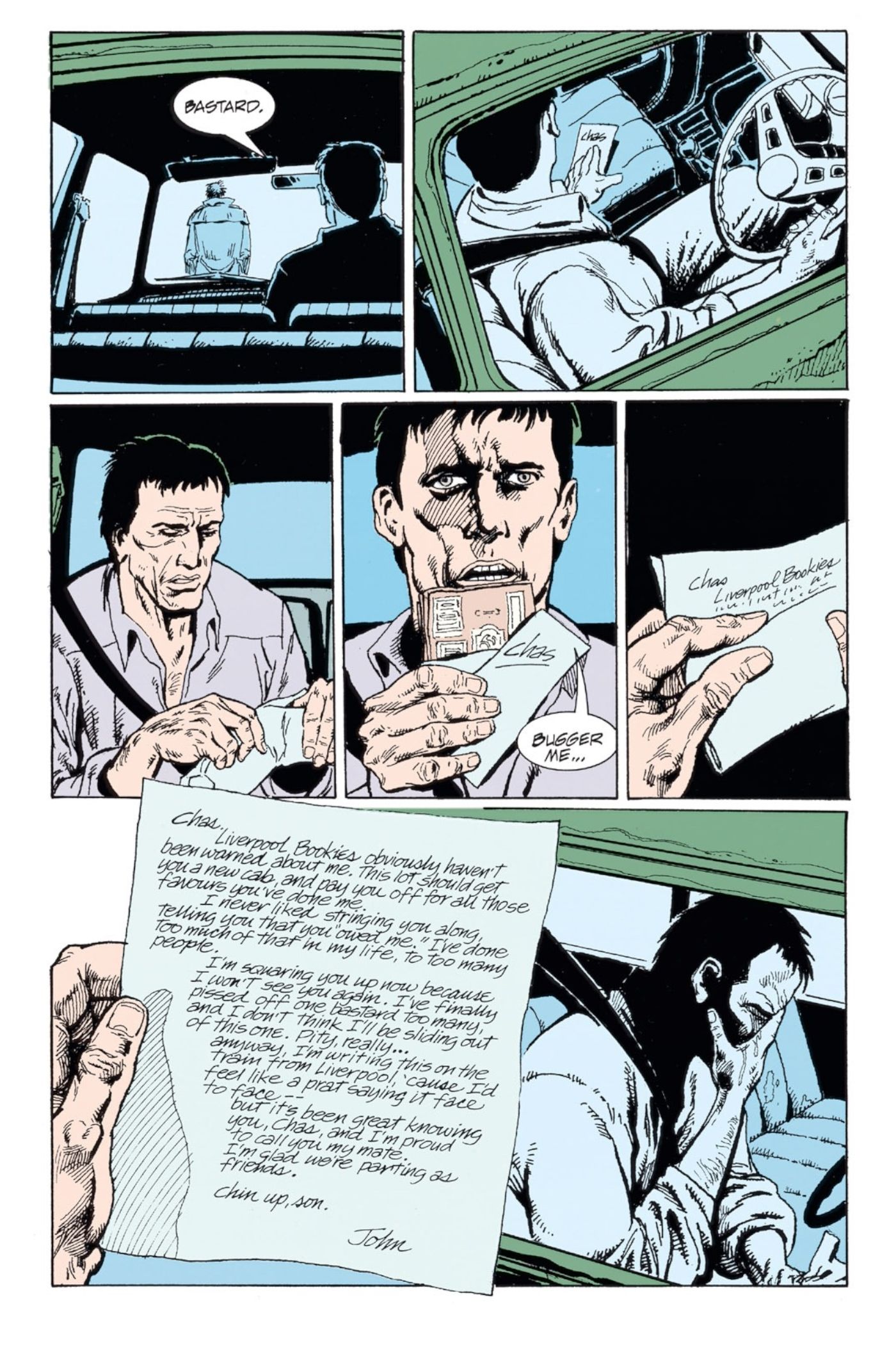 Hellblazer #44, John says goodbye to his friend Chas Chandler, Making amends as he faces death.