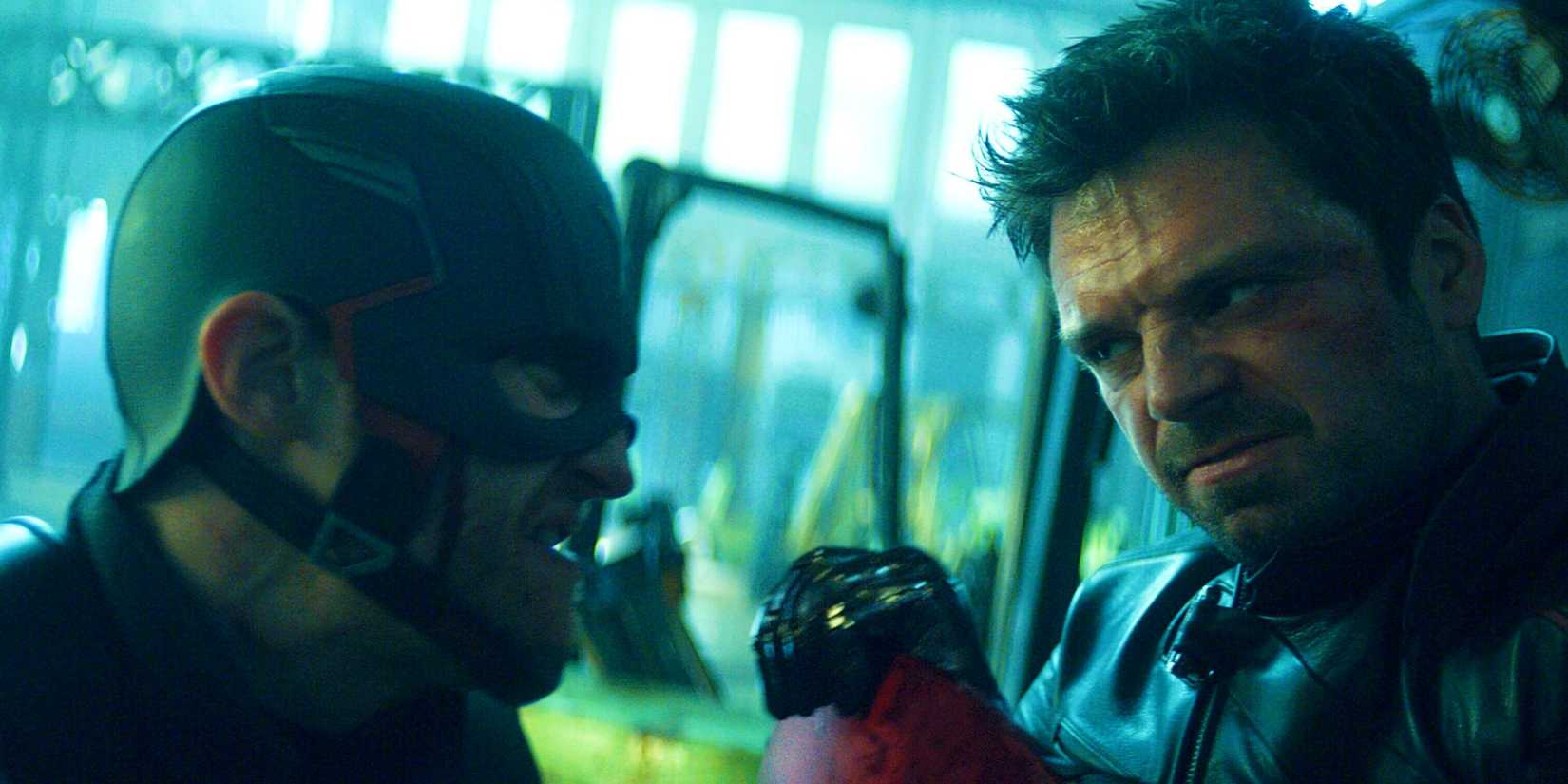 John Walker Facing Off With Bucky Barnes Fighting Over Captain America Shield In The Falcon and the Winter Soldier Episode 5