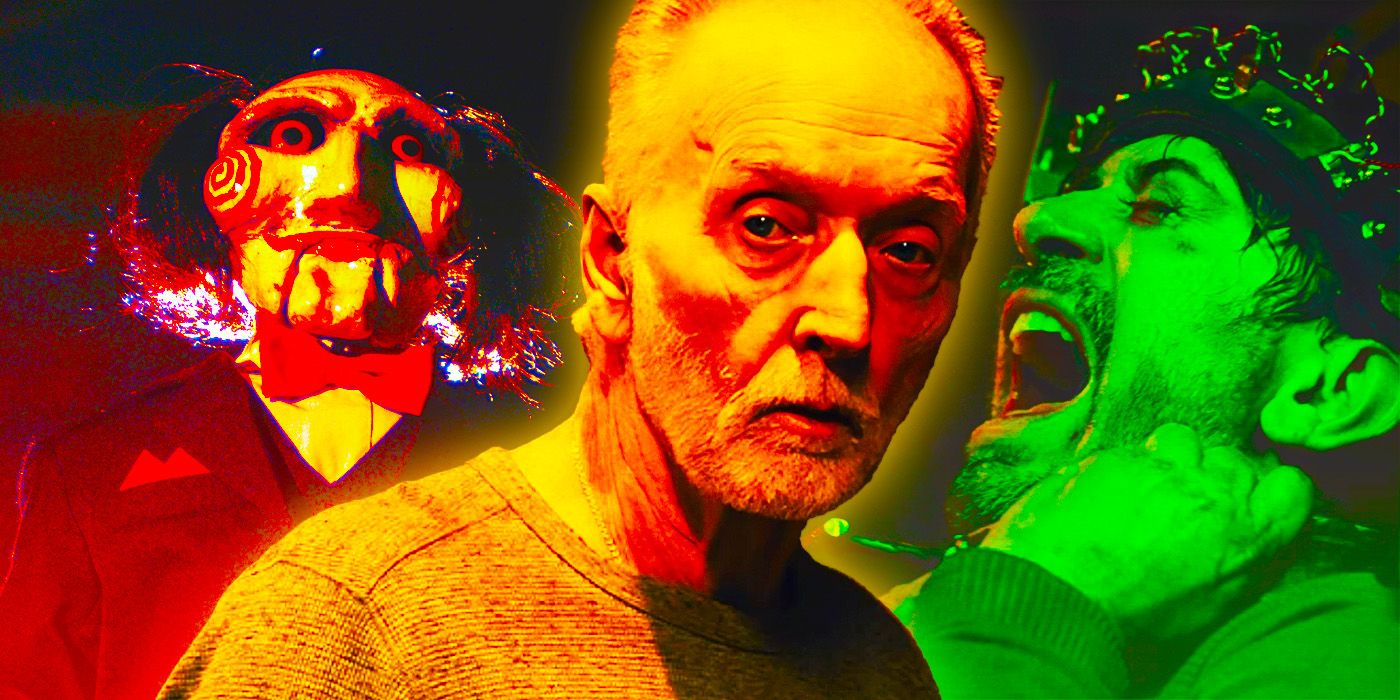 A collage of the Jigsaw puppet, Tobin Bell as John Kramer in Saw X, and a man in a trap in Saw X