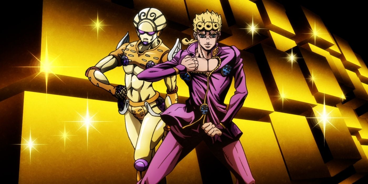 A man wearing purple stands beside a gold humanoid creature.