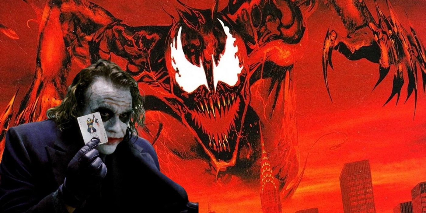 Featured Image: Carnage from the cover of Maximum Carnage, looking over the Joker from Dark Knight