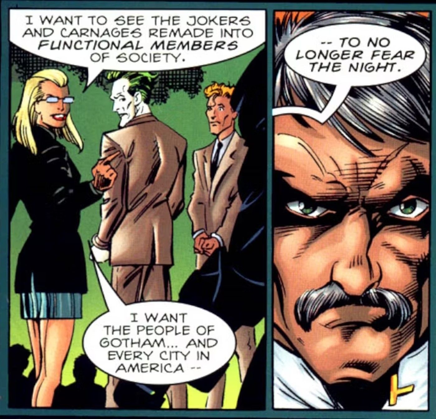 Comic book panels: the Joker and a blonde doctor turn away from Commissioner Gordon.