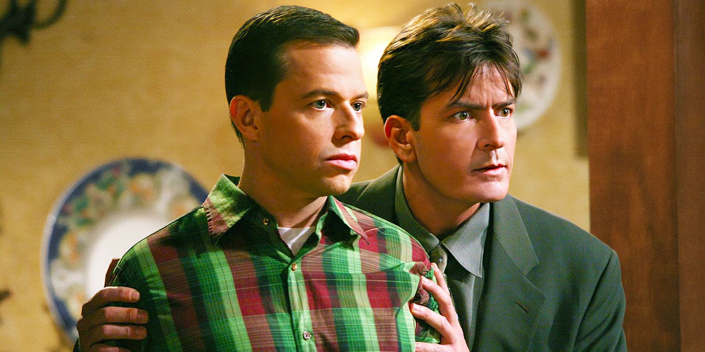 Jon Cryer and Charlie Sheen looking intently in Two and a Half Men