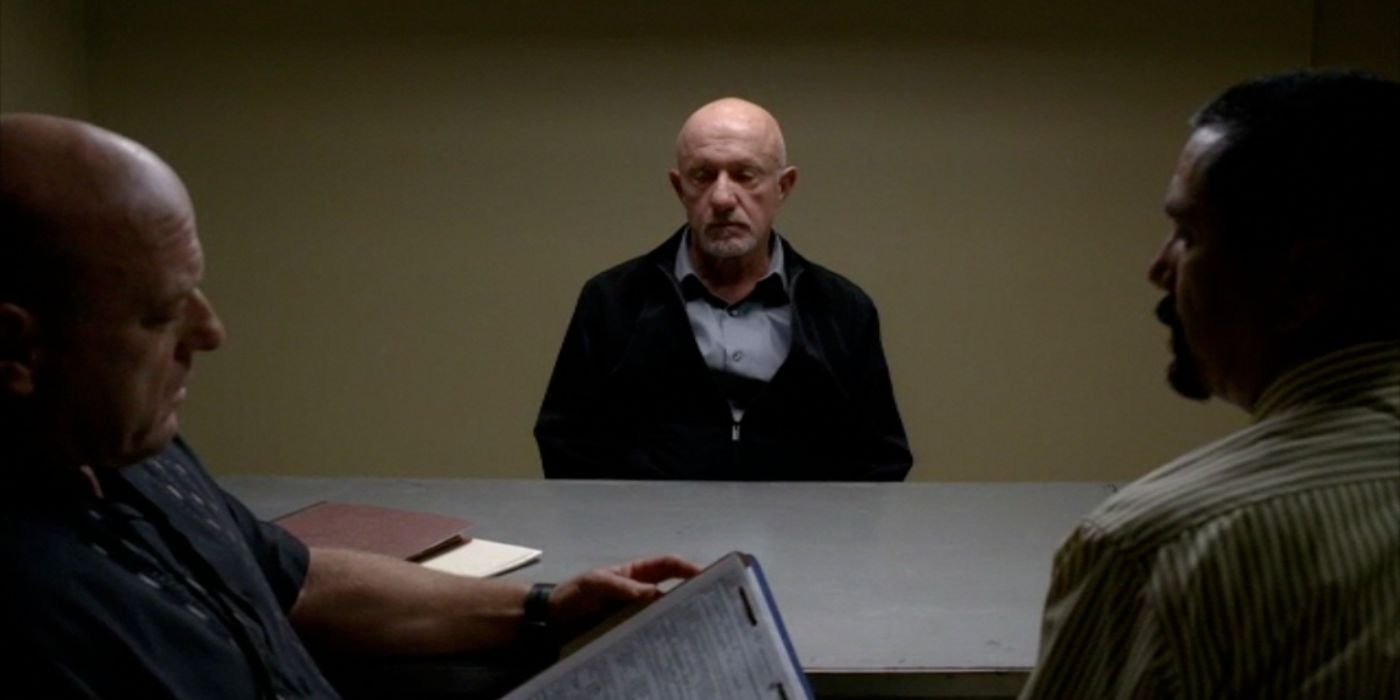 Jonathan Banks as Mike Ehrmantraut, Dean Norris as Hank Schrader, and Steven Quesada as Steven Gomez in Breaking Bad.