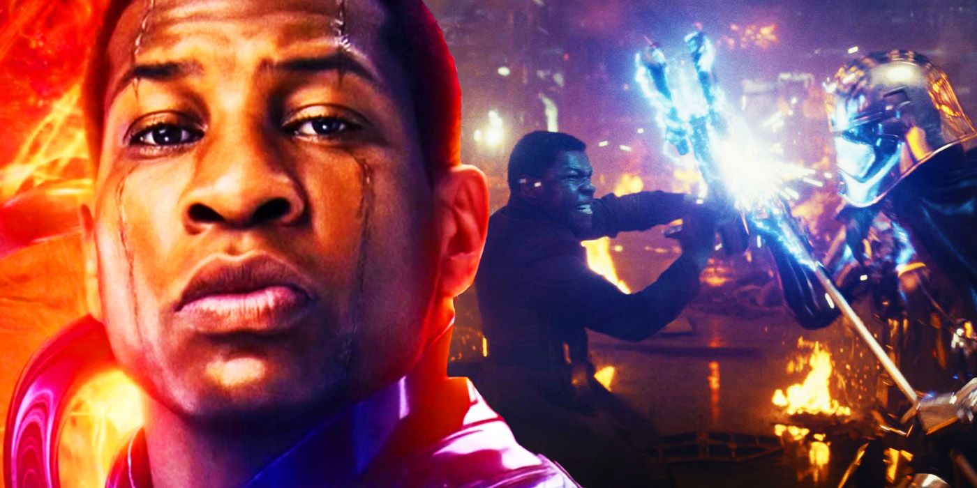 Jonathan Majors' Kang the Conqueror with Finn fighting a Storm Trooper in Star Wars The Last Jedi