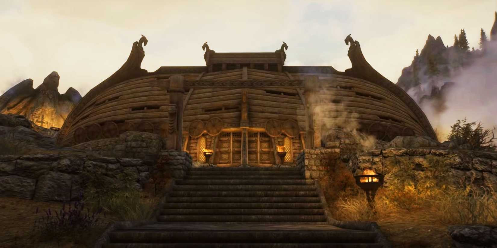 The front of Jorrvaskr Mead Hall in Skyrim.