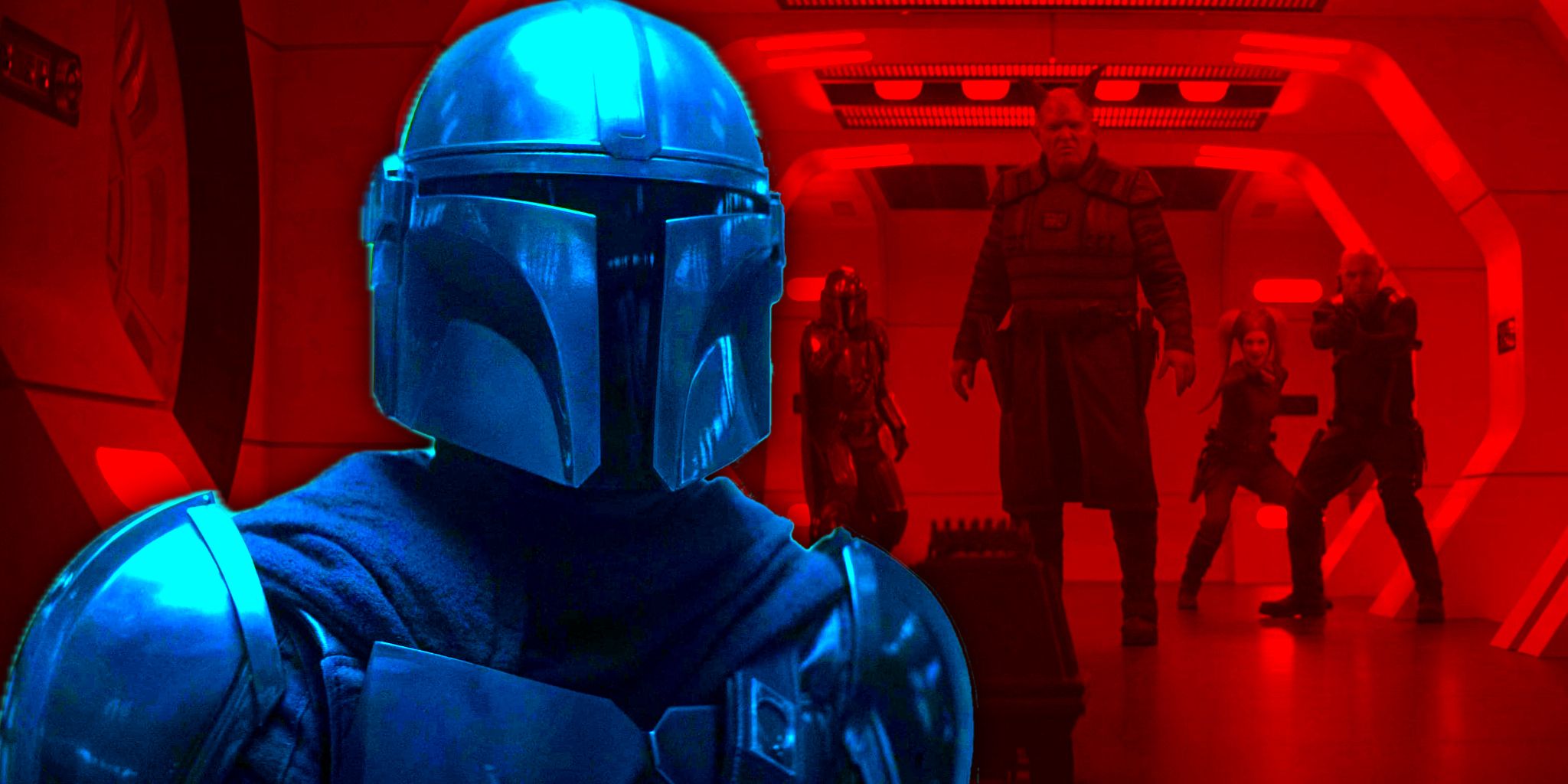 Din Djarin superimposed over him with Burg, Xi&rsquo;an, and Migs Mayfeld in The Mandalorian season 1, episode 6