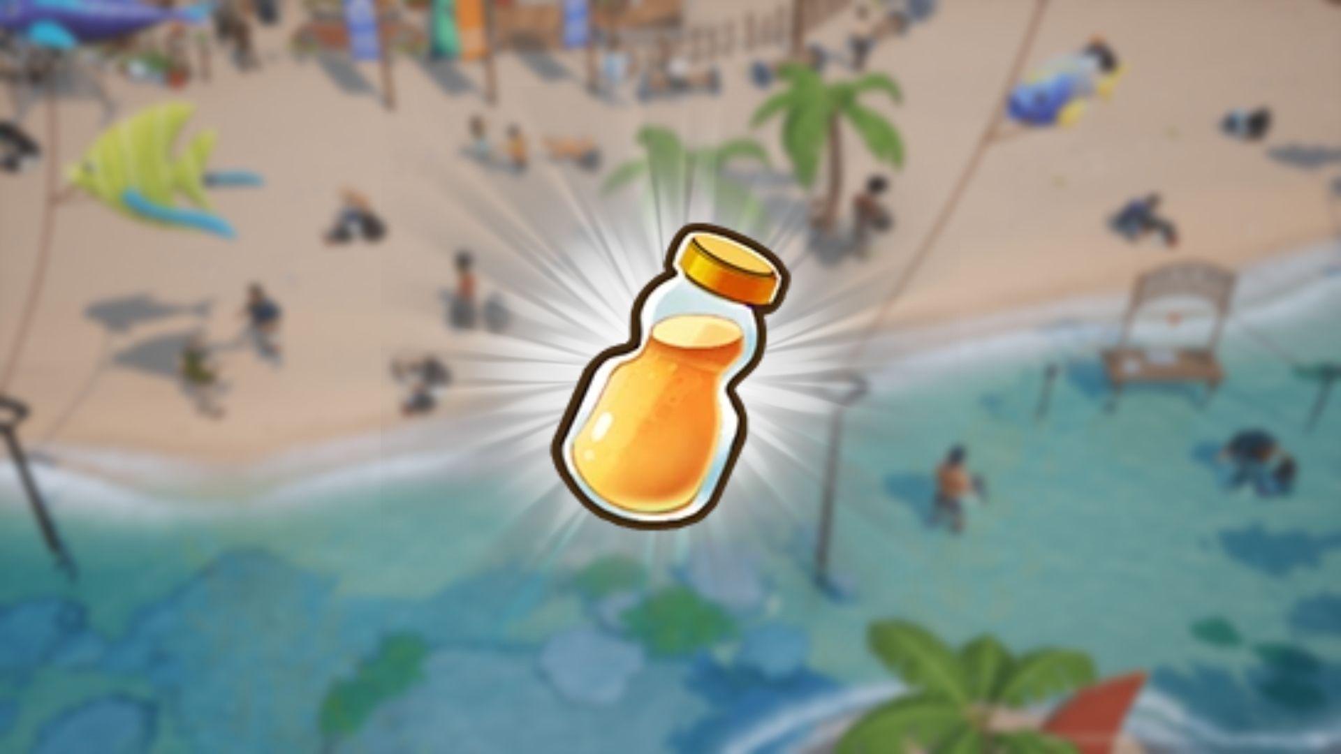 A render of golden juice in Coral Island against a white glow and a blurry background of the beach around Starlet Town.