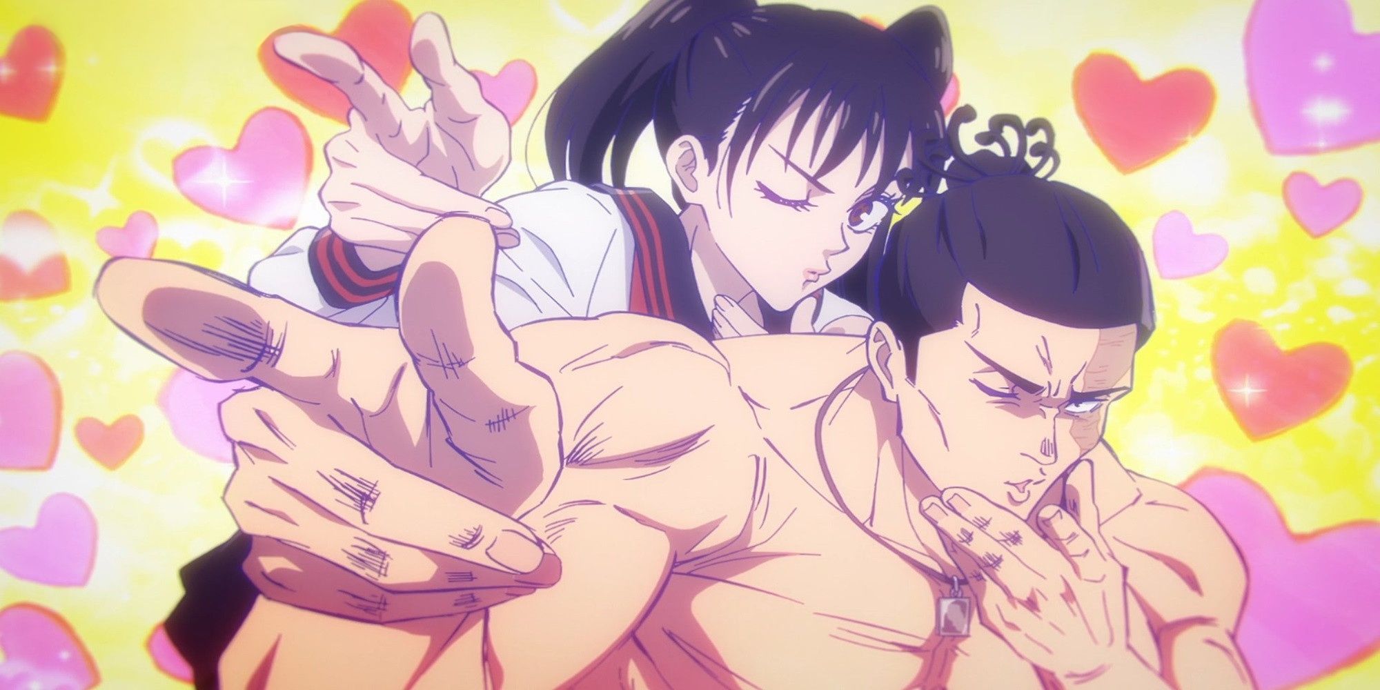 Todo Aoi and Takada pointing with hearts behind them in Jujutsu Kaisen episode 21