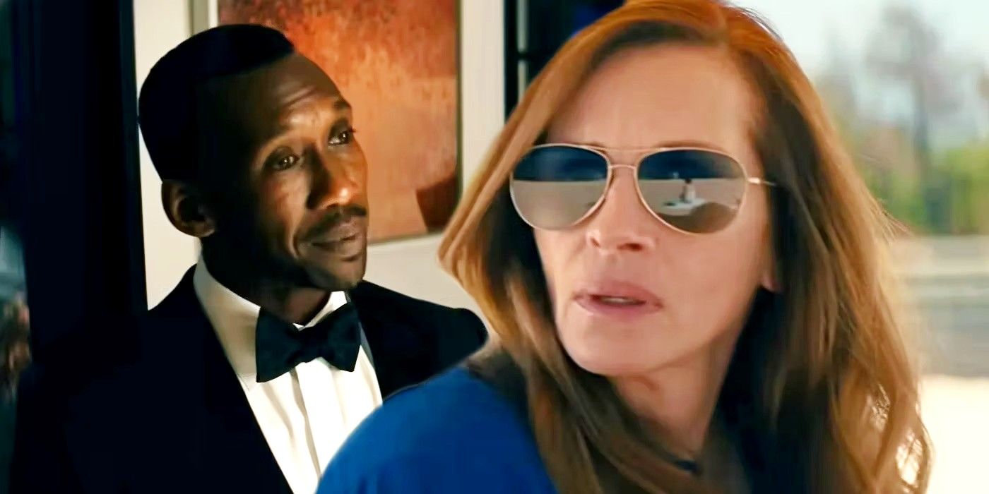 Julia Roberts as Amanda wearing sunglasses looking worried and Mahershala Ali as G.H. looking confident in Leave the World Behind.