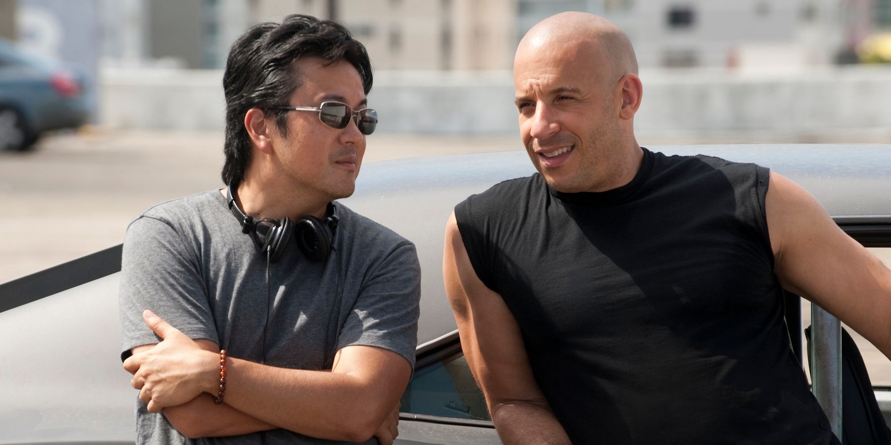 Justin Lin and Vin Diesel on set of The Fast and The Furious franchise