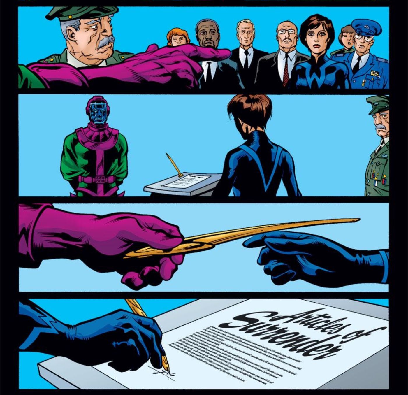 Kang forces the Wasp to sign a legally binding articles of surrender document on behalf of the entire world.