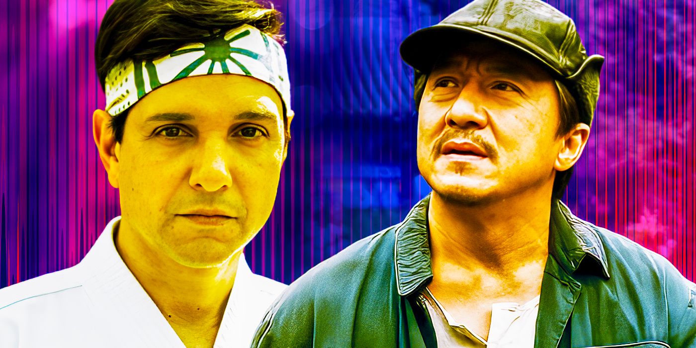 Collage of Ralph Macchio's Daniel LaRusso and Jackie Chan's Mr. Han amid a stylized background