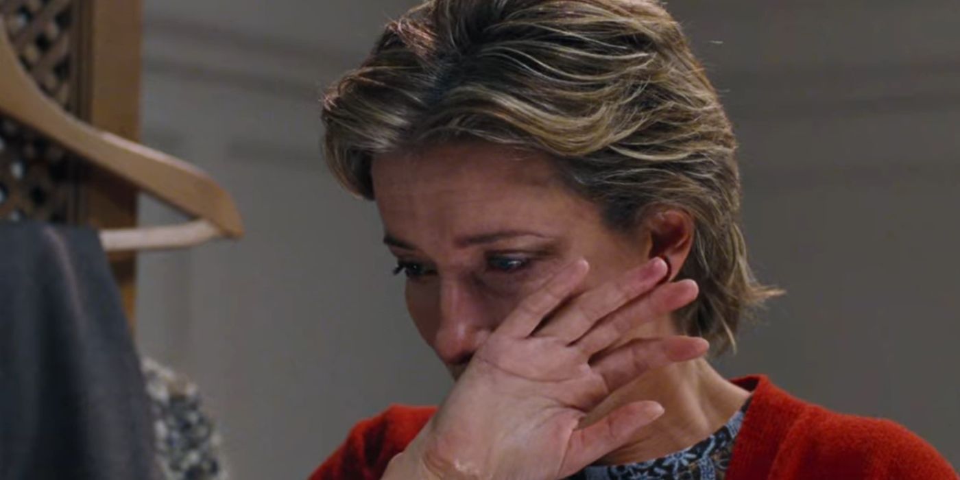 Karen (Emma Thompson) wiping her tears in Love Actually