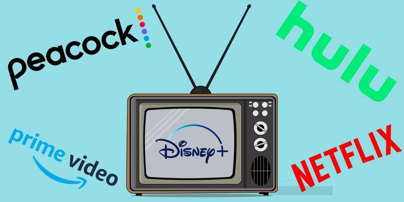 Streaming platforms logos are shown around a TV 