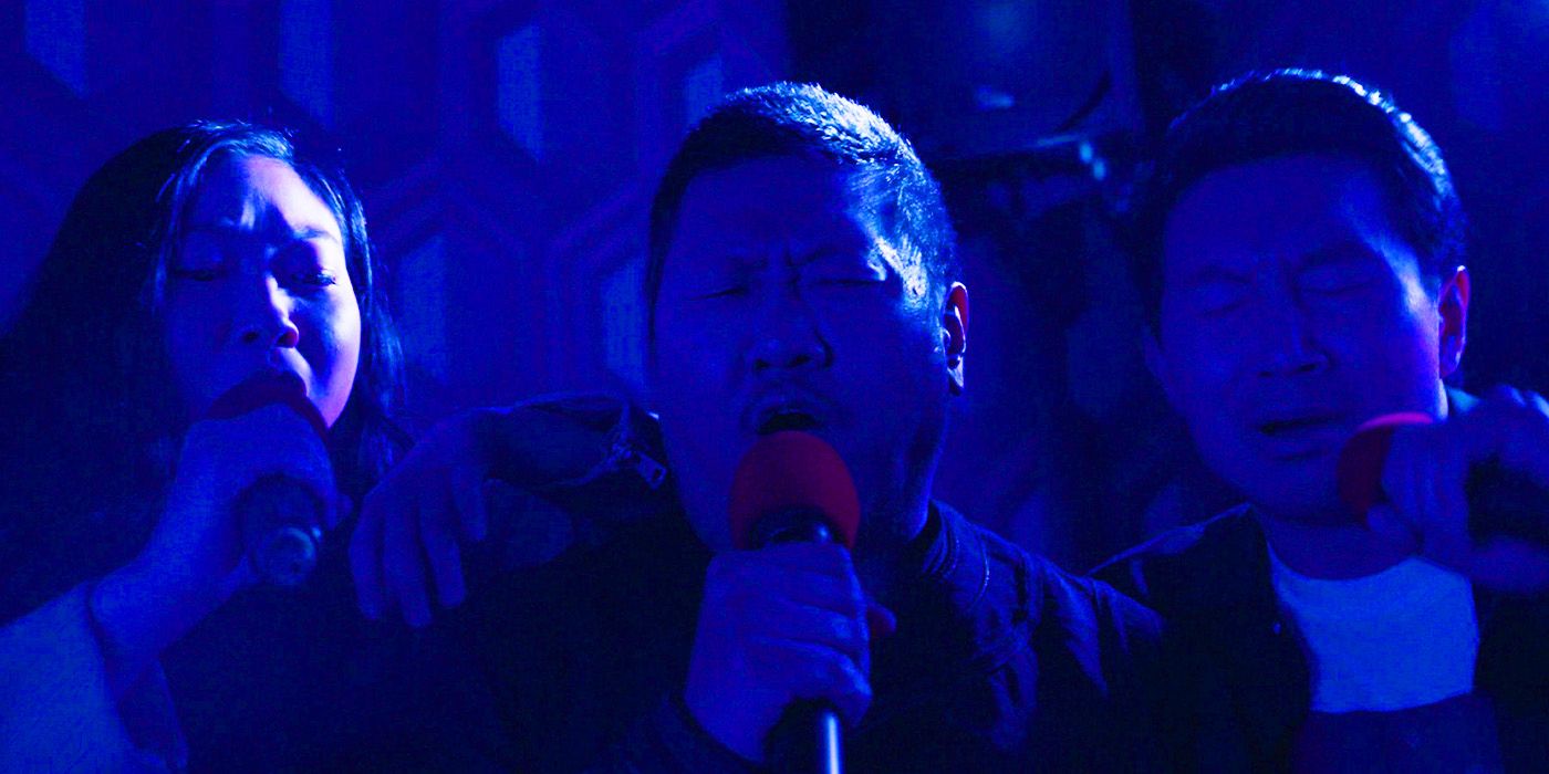 Katy, Wong and Shang-Chi singing Hotel California during karaoke in Shang-Chi and the Legend of the Ten Rings
