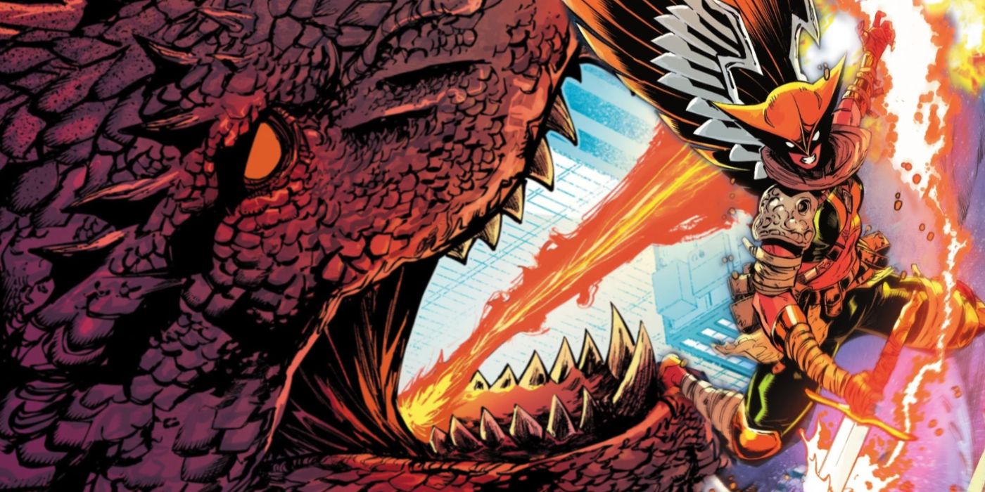 Comic book art: Hawkgirl, wearing new armor and bearing a sword that crackles with energy, dodges a gout of flame from a massive fire-breathing dragon.