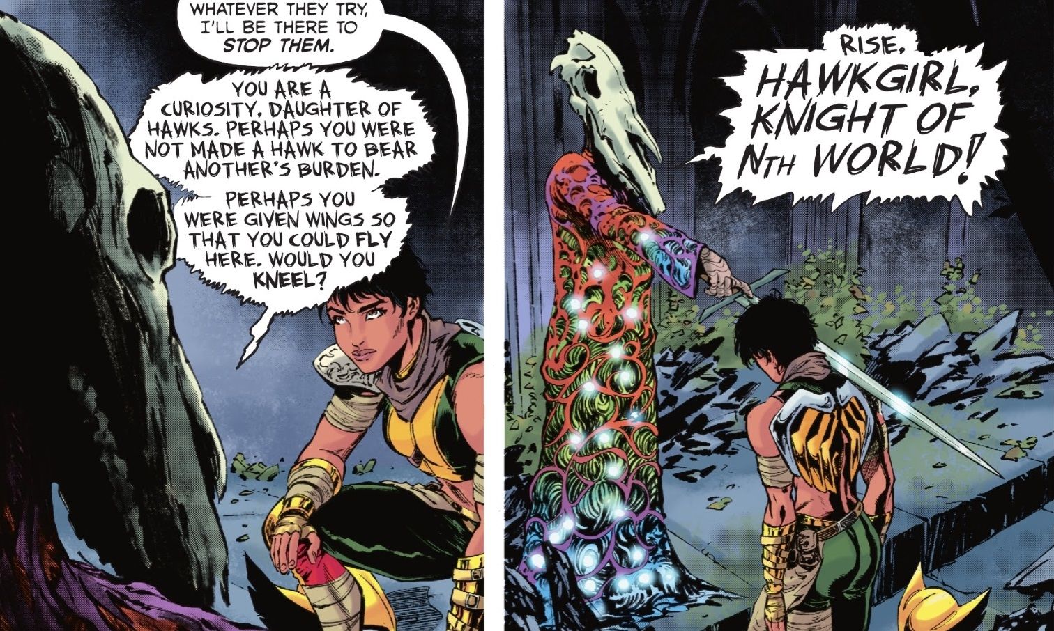 Comic book panels: Aesop, the ruler of the Nth world, instructs Kendra to kneel so he can formally knight her as the lord protector of Nth World.