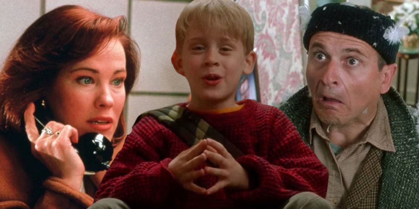 Kevin, his mom, and a Wet Bandit in Home Alone.