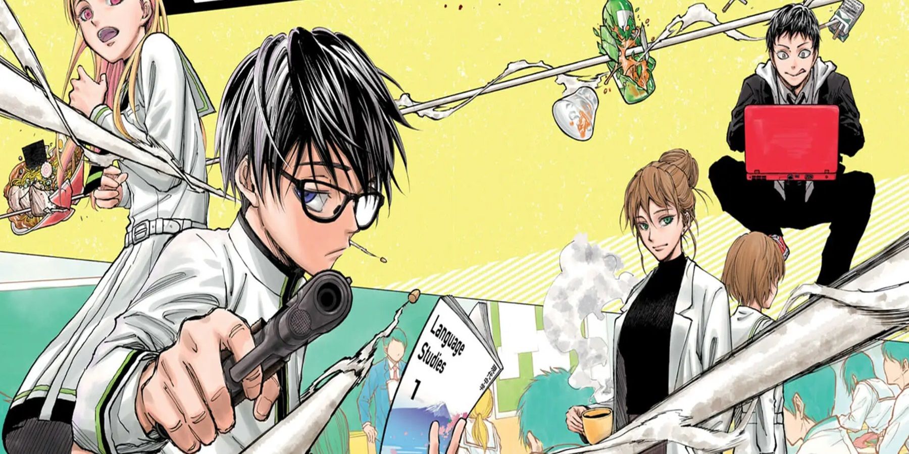 Kill Blue chapter 1 official artwork featuring the main cast against a green and yellow background.