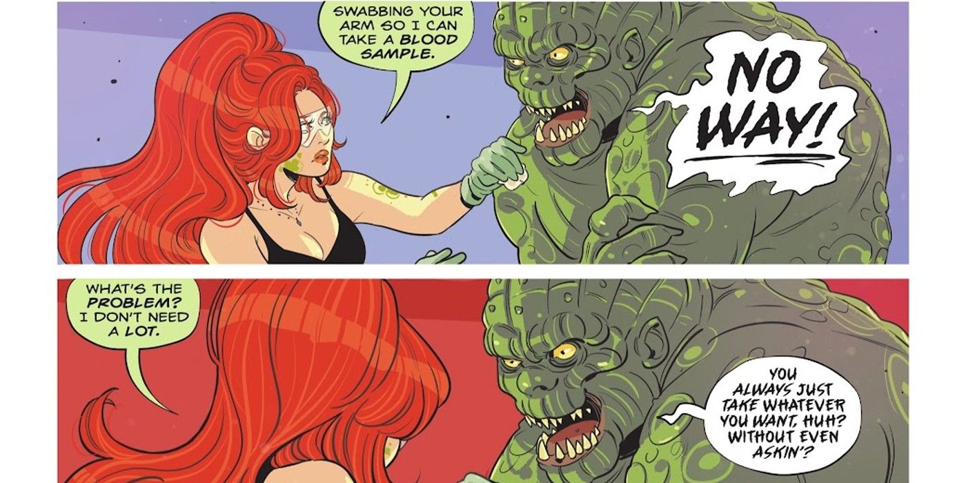 Comic book panels: Killer Croc refuses a needle from Poison Ivy