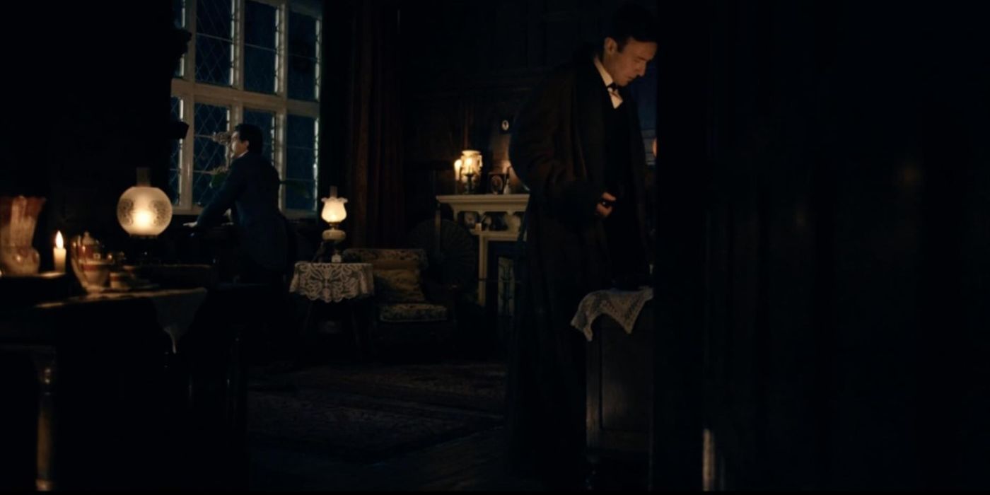 Kit Harington as Abercrombie Smith at the window, with John Heffernan as The Friend in Lot No. 249