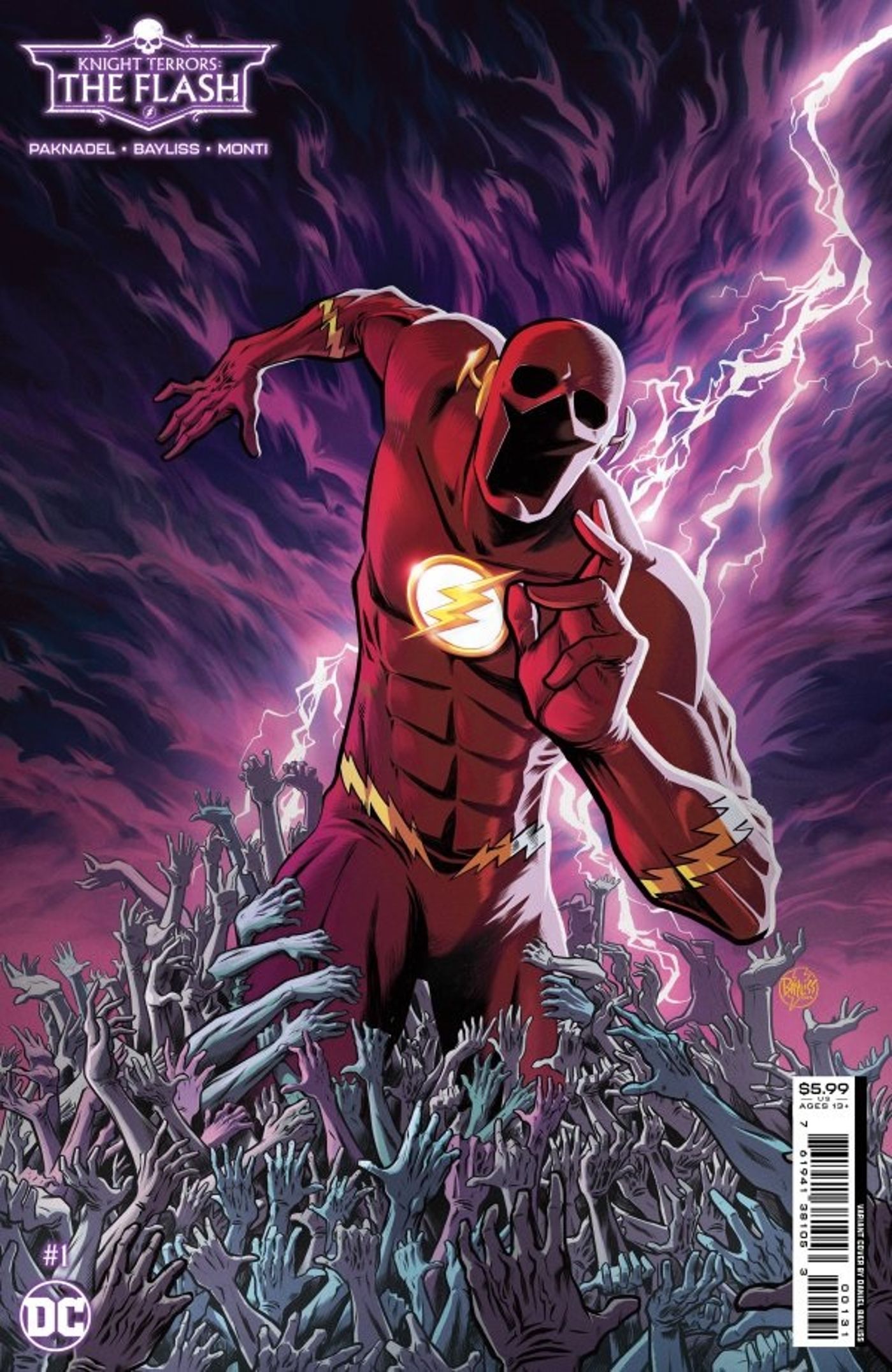 Knight Terrors: The Flash #1 Variant by Daniel Bayliss, faceless Flash running as hands grab at him