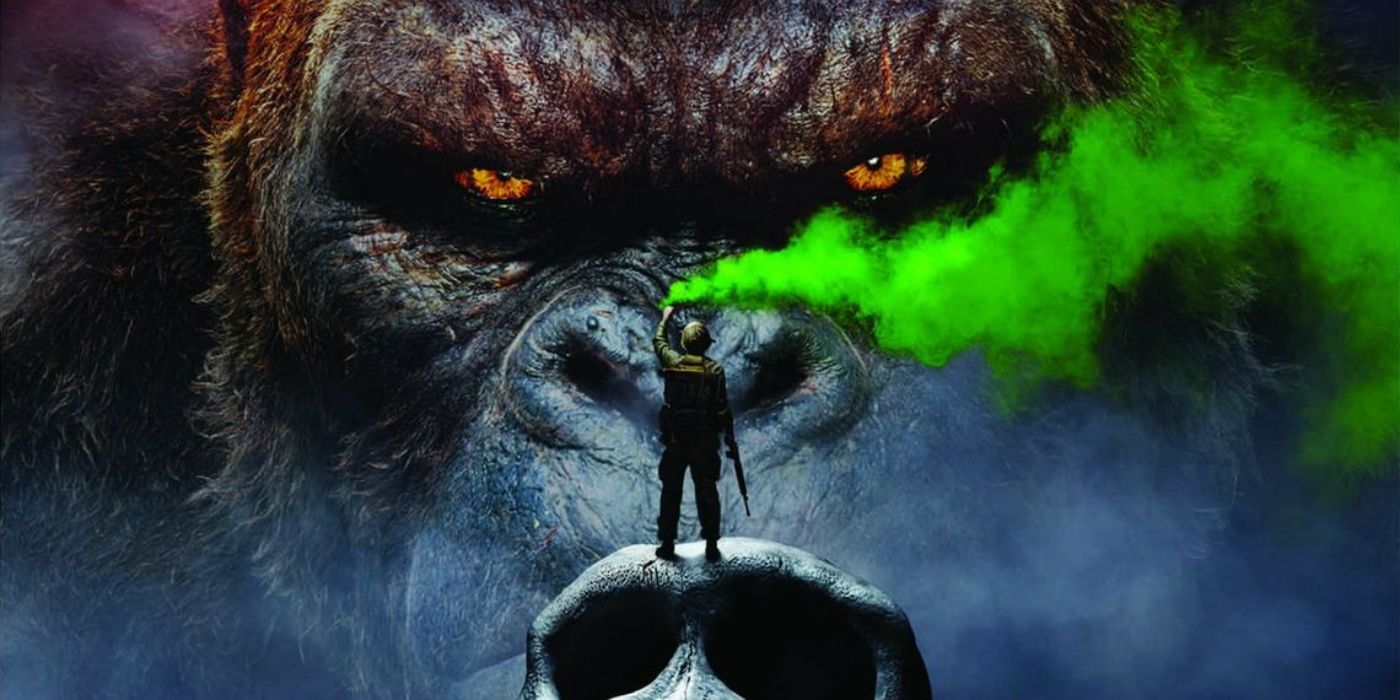 Kong staring at a human waving green smoke in his face.