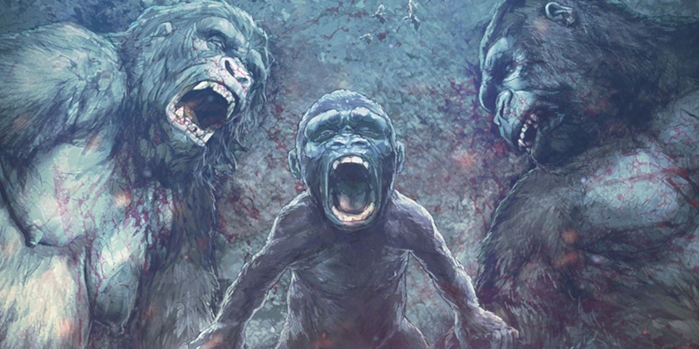 A baby Kong weeping next to his dead parents.
