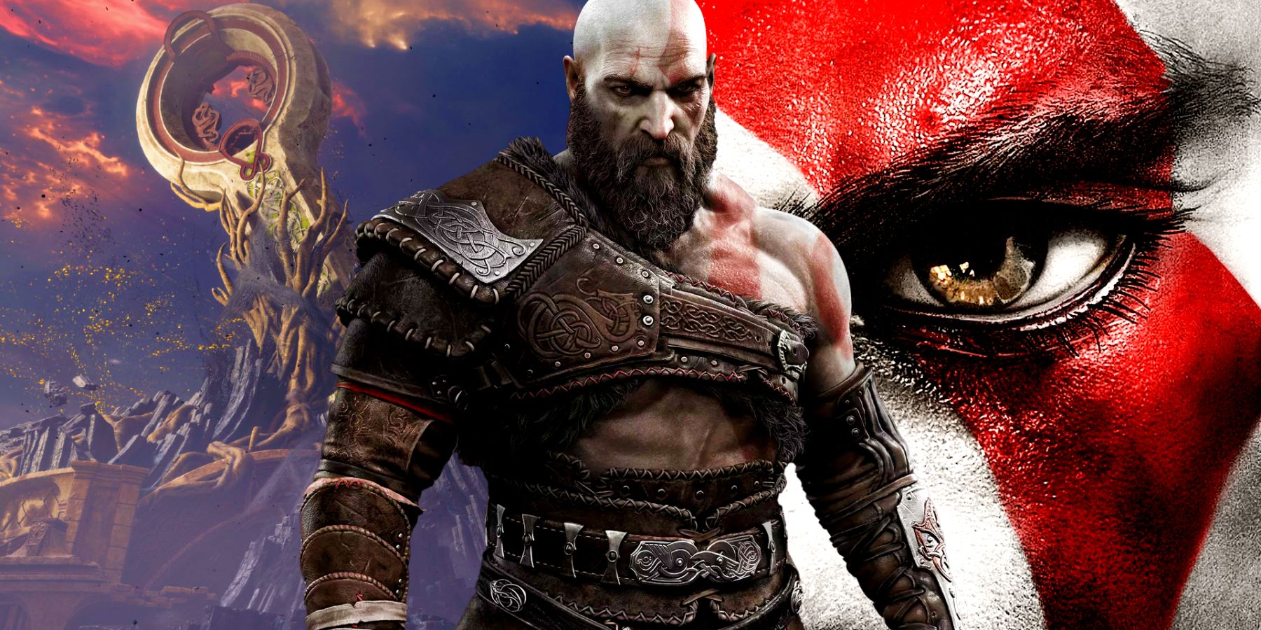 Kratos from God of War Ragnarok standing in front of a split background. On the left is an environment from Valhalla, and on the right is a close-up on Kratos' eye from God of War 3.