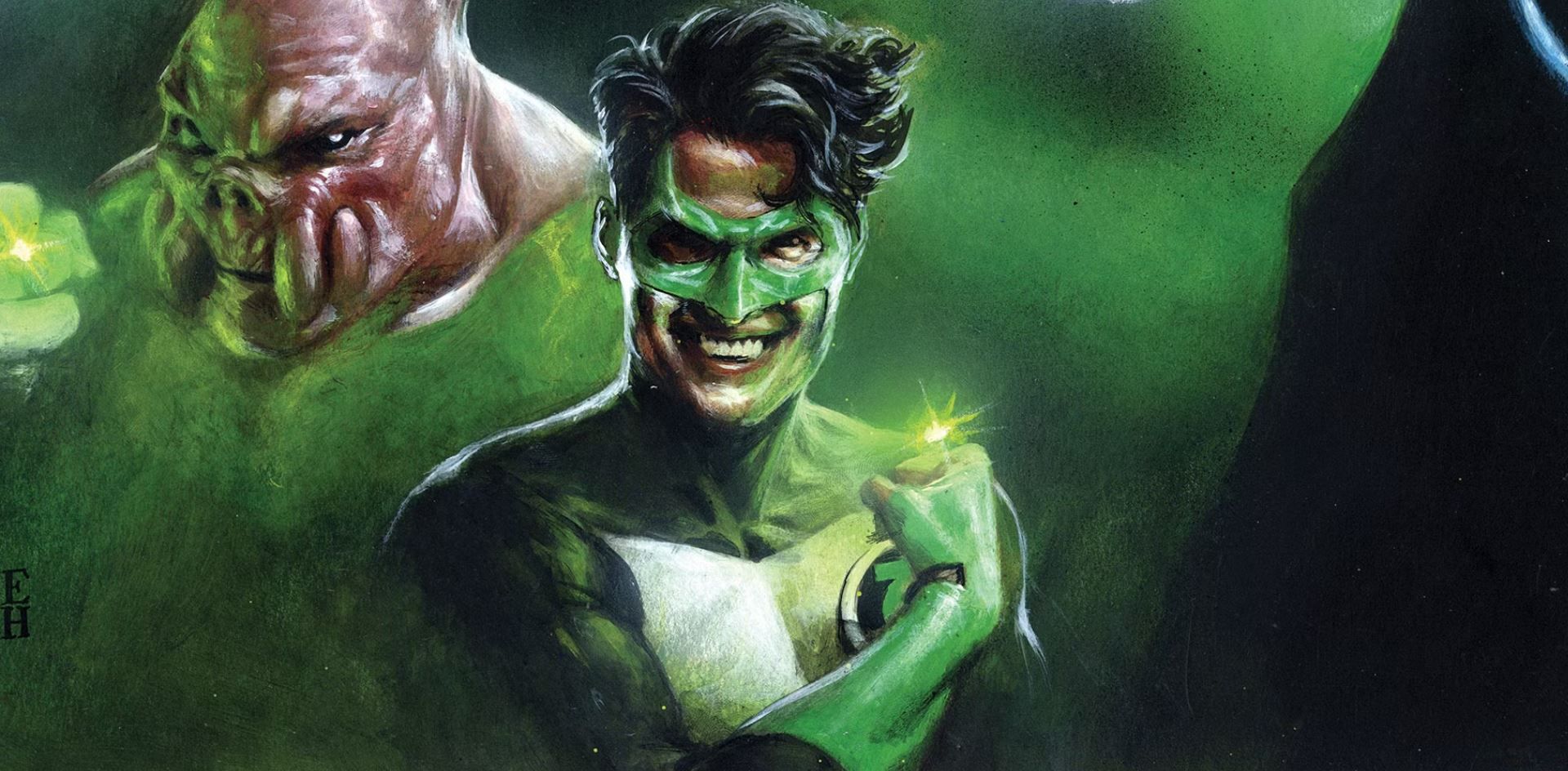 Kyle Rayner in his classic costume, surrounded by darkness, with a fellow Lantern over his left shoulder.