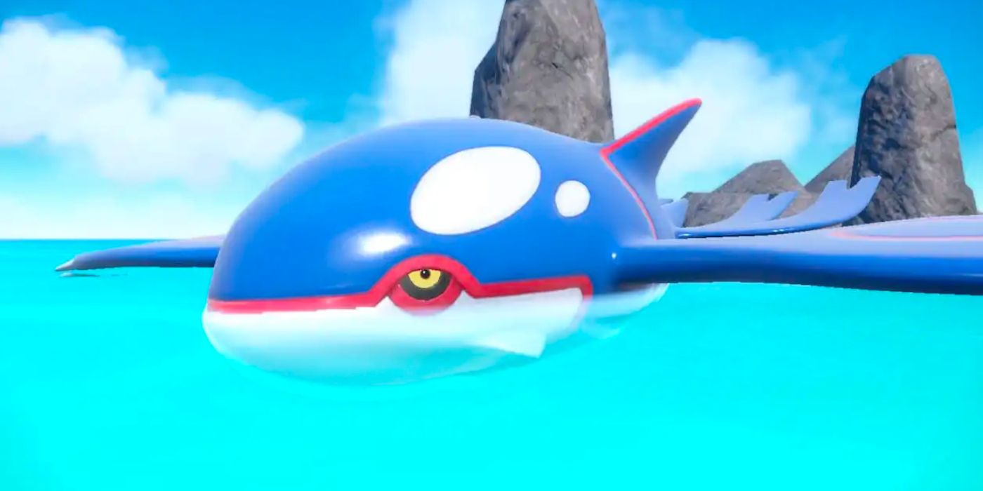 Kyogre in front of three rocks sticking out of the water in Pokemon Scarlet & Violet