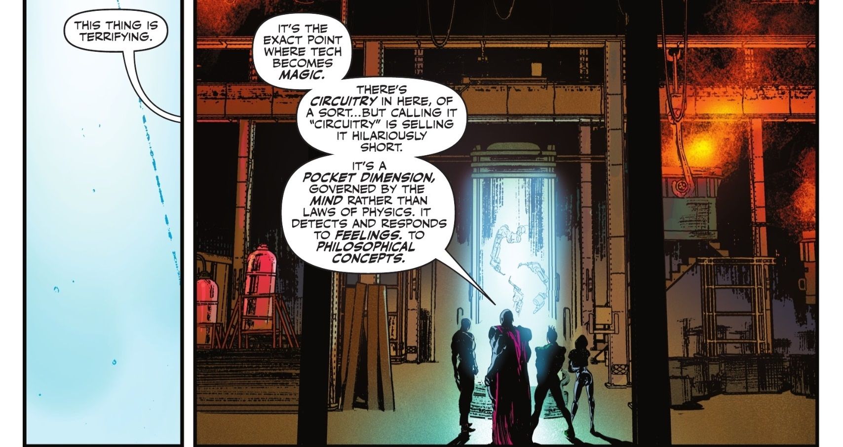 Comic book panels: Steel muses on the inner ‘circuitry’ of a Lantern Ring, describing it as “the exact point where tech becomes magic."