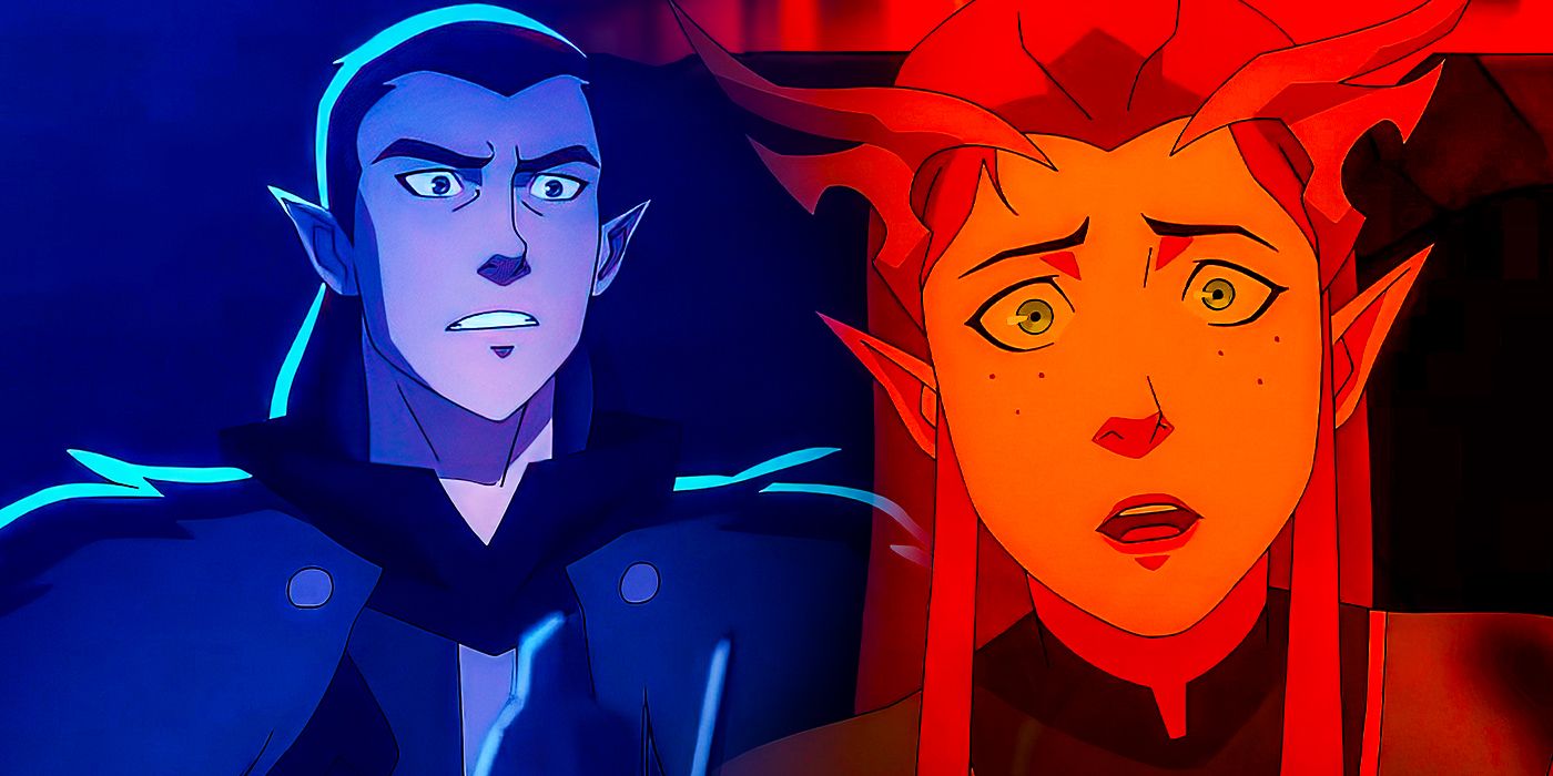 Side-by-side images of Vax looking angry in The Legend of Vox Machina and Keyleth looking upset