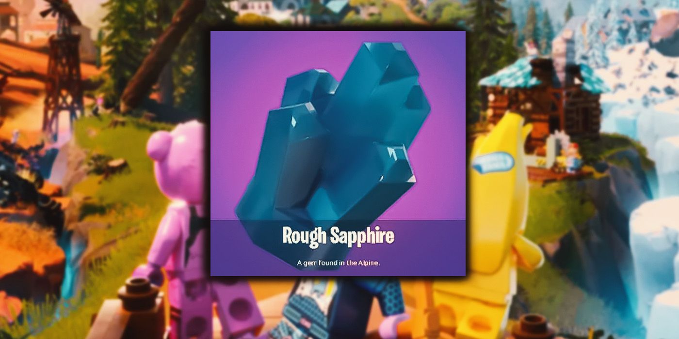 Rough Sapphire from LEGO Fortnite and characters mining it in the background