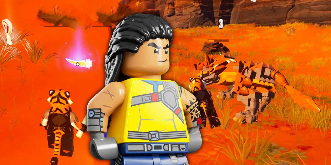 A Lego Character from Fortnite with a Sand Wolf and Sand Claw in the background
