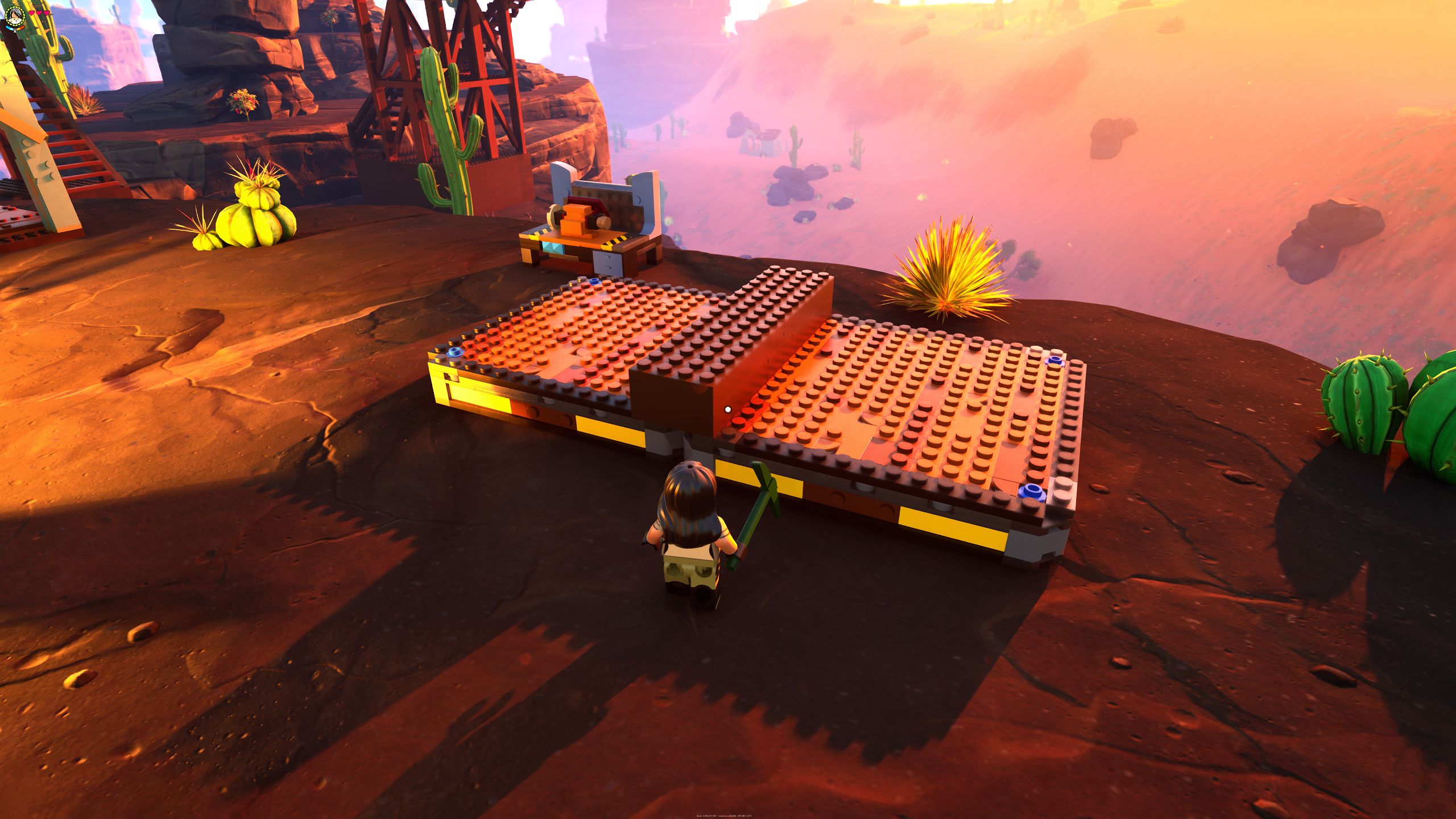 LEGO Fortnite Minifigure Combining Two Wooden Dynamic Platforms With Wooden Foundation Block While Standing In Desert At Sunset