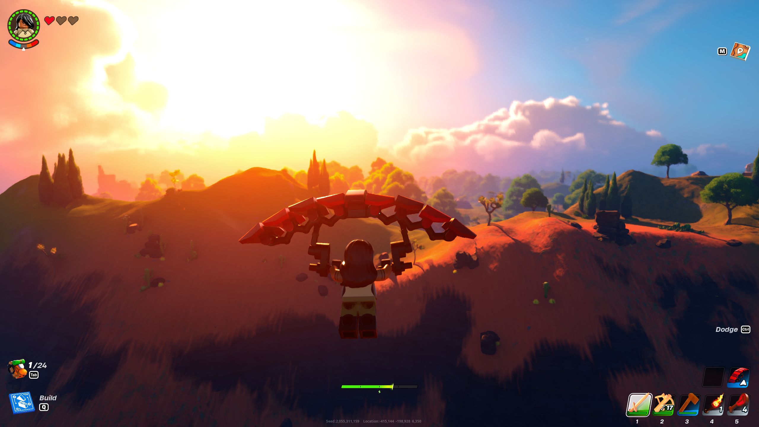 LEGO Fortnite Minifigure Gliding Towards Forested Hillside Using Red Glider At Sunset