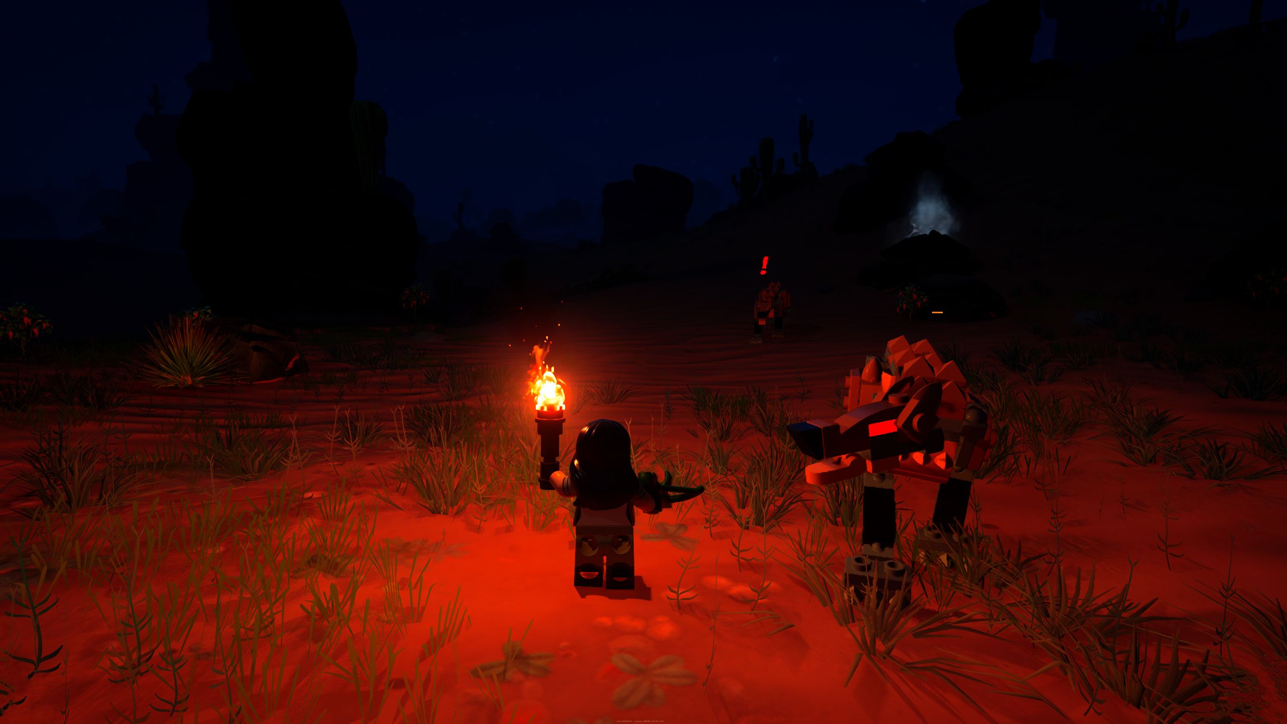 LEGO Fortnite Minifigure Holding Torch Preparing To Fight Sand Wolves With Recurve Crossbow In Desert Biome At Night