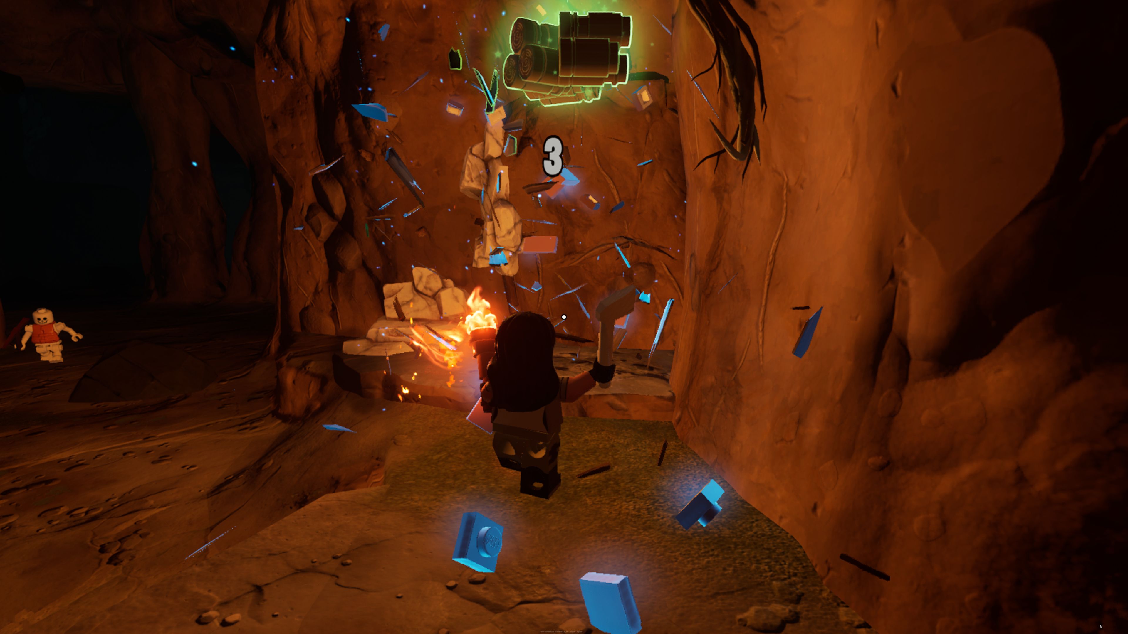LEGO Fortnite Minifigure Shattering Knotroot With Axe Inside Dark Cave While Holding Lit Torch